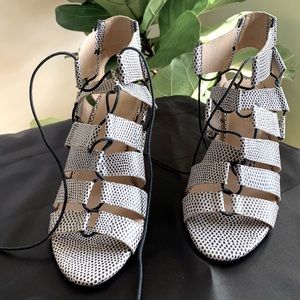 Designer Loeffler Randall Ankle Tie Gladiator lace up black and white pumps.